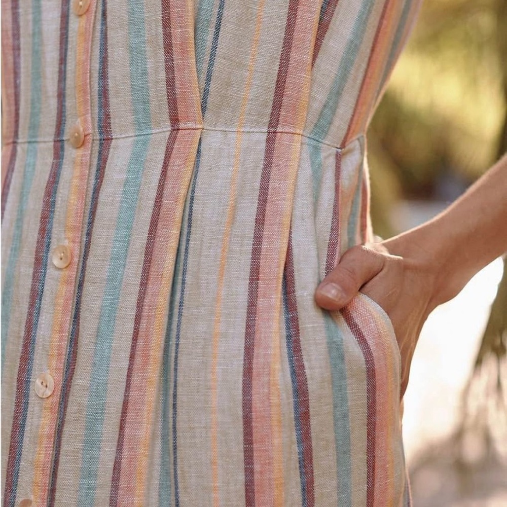 Garnet Hill Linen Pleated Detail Dress Sorbet Stripe Misses 10 - Picture 2 of 7